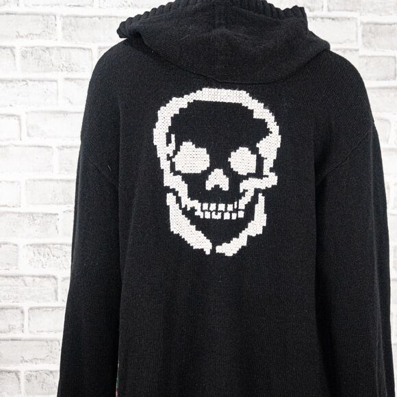 Skull Cashmere open front Hooded Cardigan in Black Embroidered Women's Medium - Picture 9 of 10